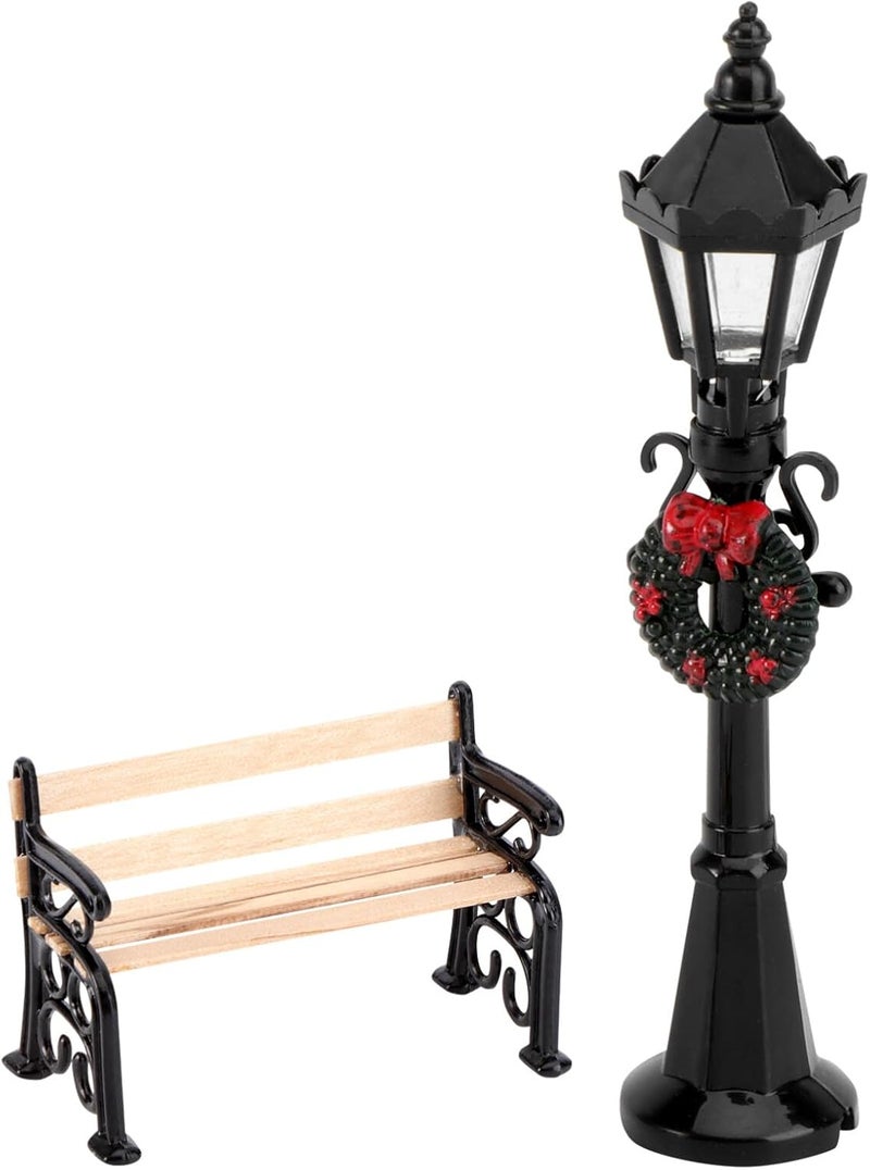 balacoo 2pcs Christmas Street Lamp Post and Miniature Park Bench Seat Mini Street Light Model Dollhouse Christmas Village Pathway Lantern Post Fairy Garden Accessories - Image 1